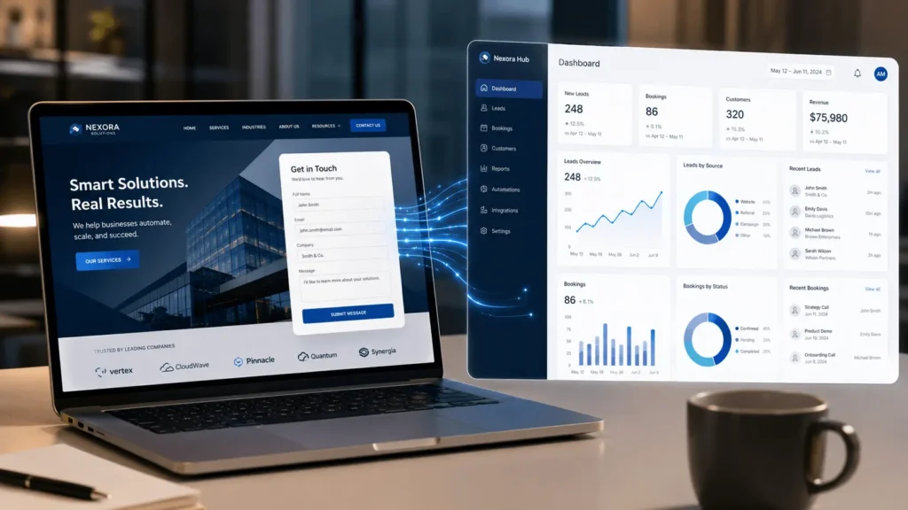 Business website connected to backend business automation software and workflow dashboard