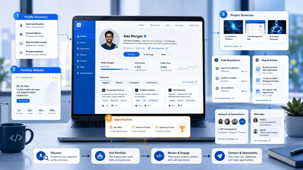 LinkedIn networking and portfolio website for tech career growth