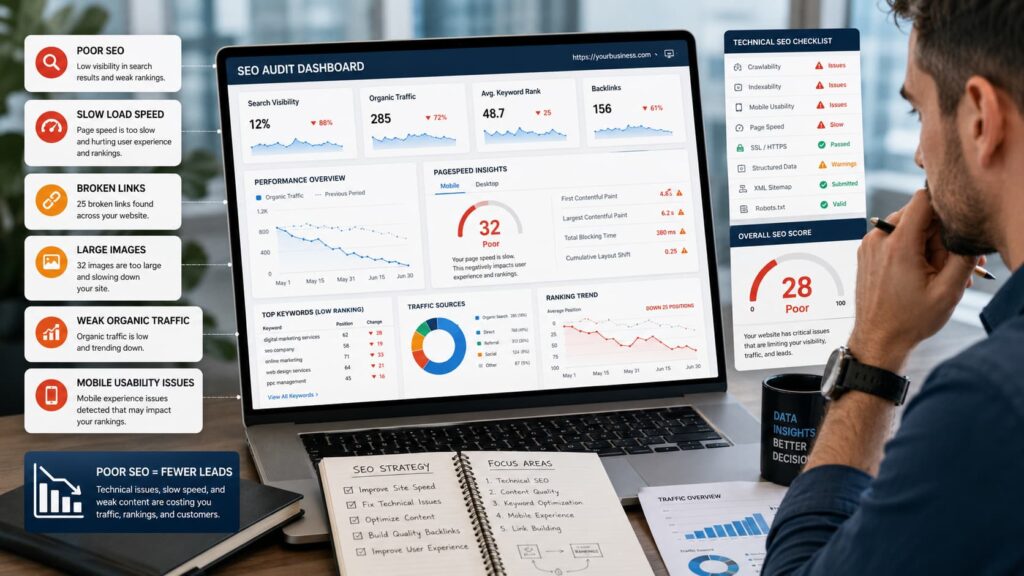 Websites fail when SEO visibility and loading speed are poor