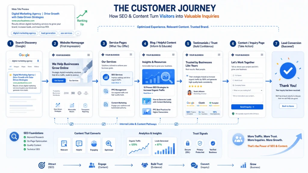 SEO content and customer journey in business website strategy

Caption