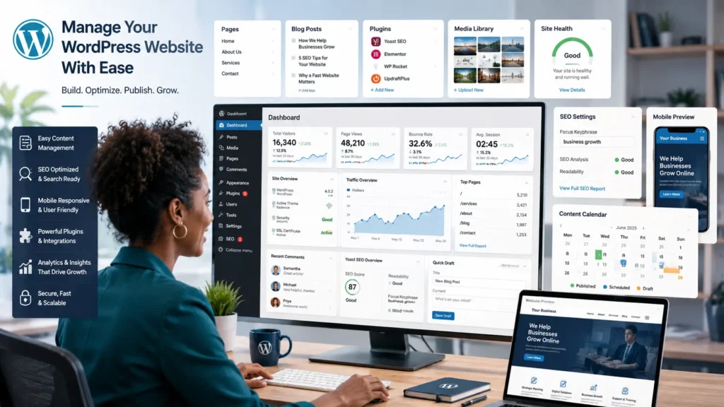 WordPress vs custom websites WordPress business content and SEO dashboard