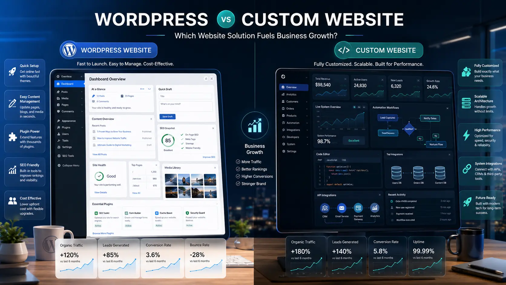 WordPress vs custom websites comparison for business growth